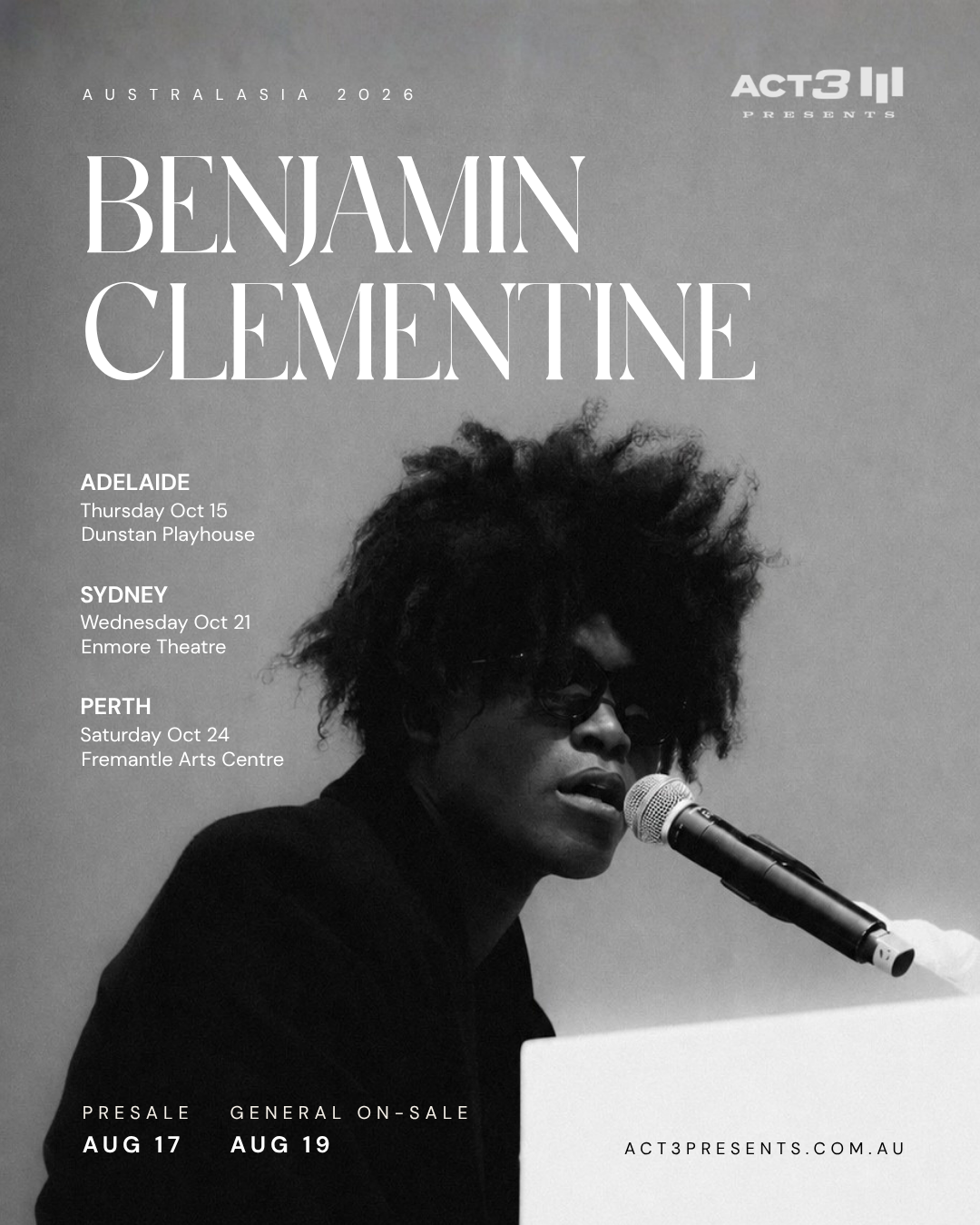 Black and white tour poster for Benjamin Clementine's Australasia 2026 tour, featuring a monochrome photo of him singing into a microphone.